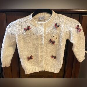 Vintage-Bloomingdales-Sz 2T White Knitted Kids Cardigan with Bear & Bow Accents